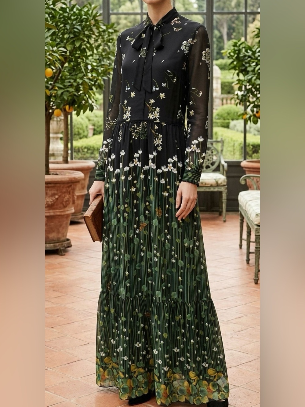 RED Valentino Floral Print Maxi Dress Silk Chiffon Long Sleeve